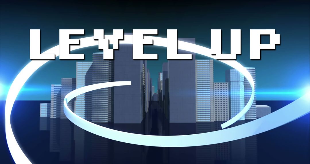 Futuristic Skyscraper Skyline with Pixel Level Up Text