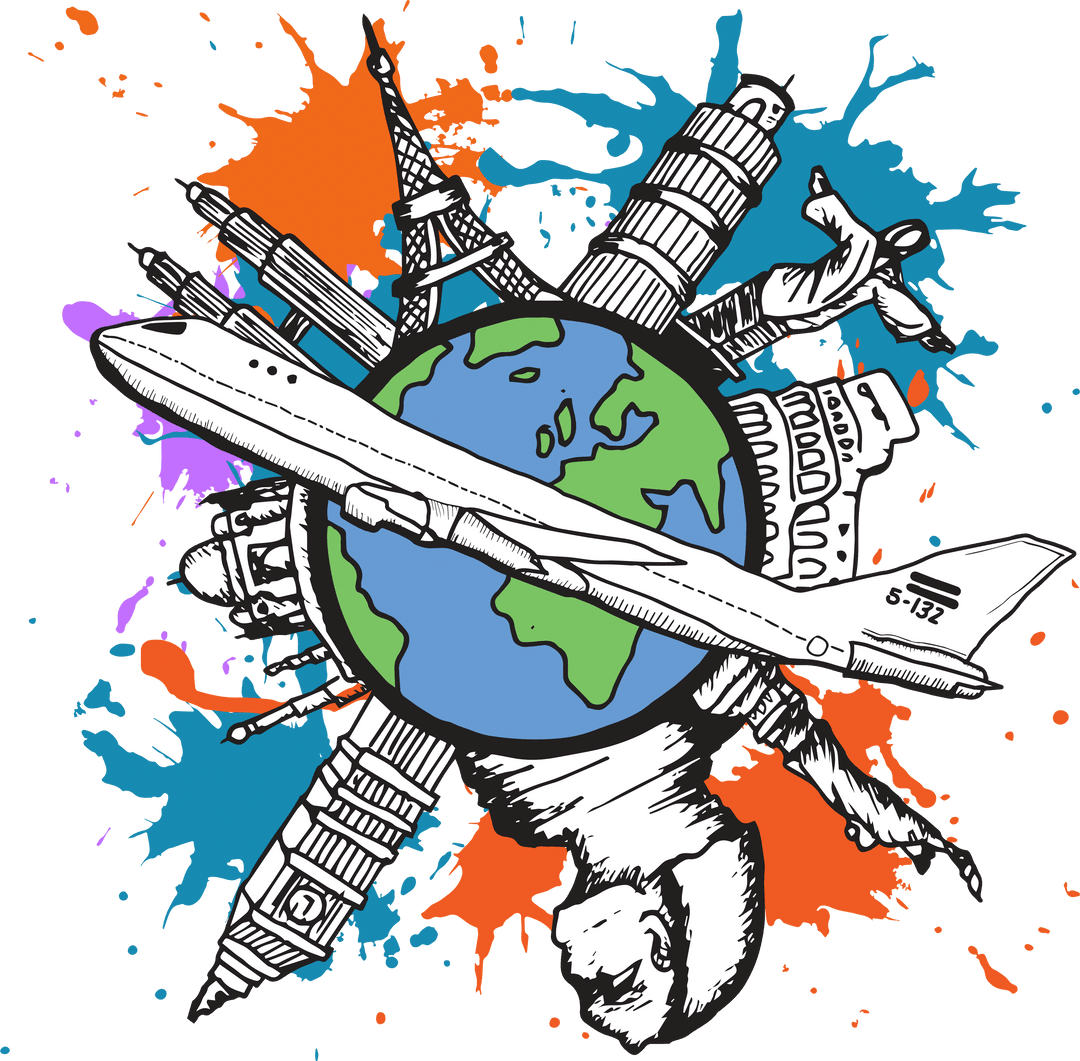 Transparent Globe with Landmarks and Airplane Illustration