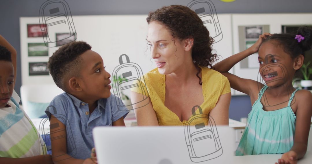 Teacher Interacting with Focused Students and Digital Illustrations