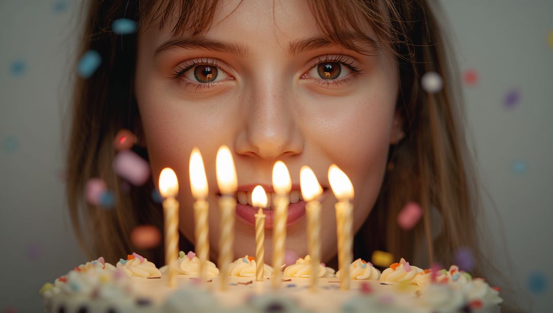 Smiling Girl Celebrating Birthday Blowing Candles on Cake with Confetti and Warm Glow