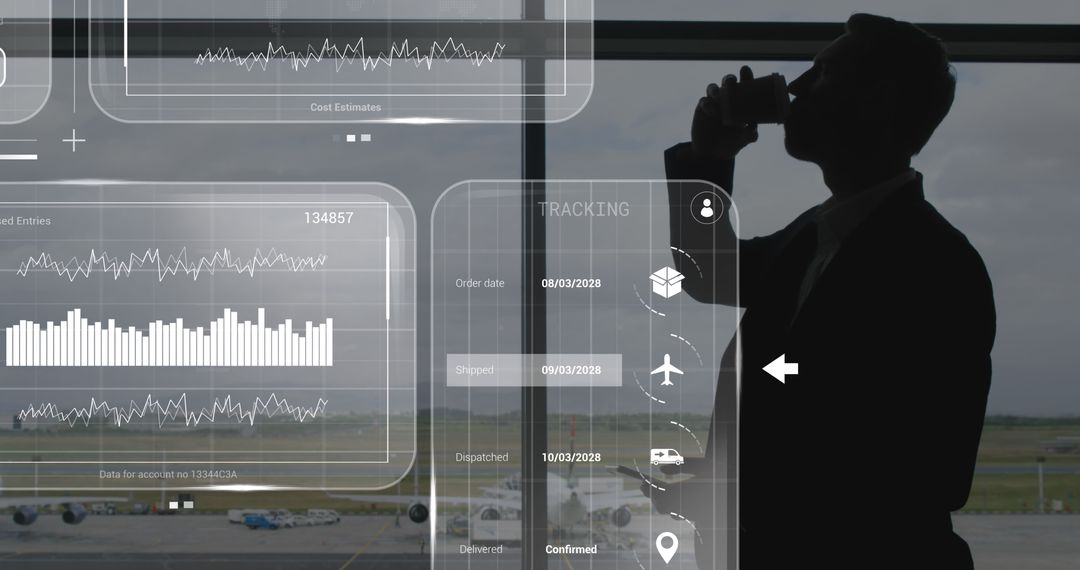 Businessman Analyzing Global Networking data at Airport