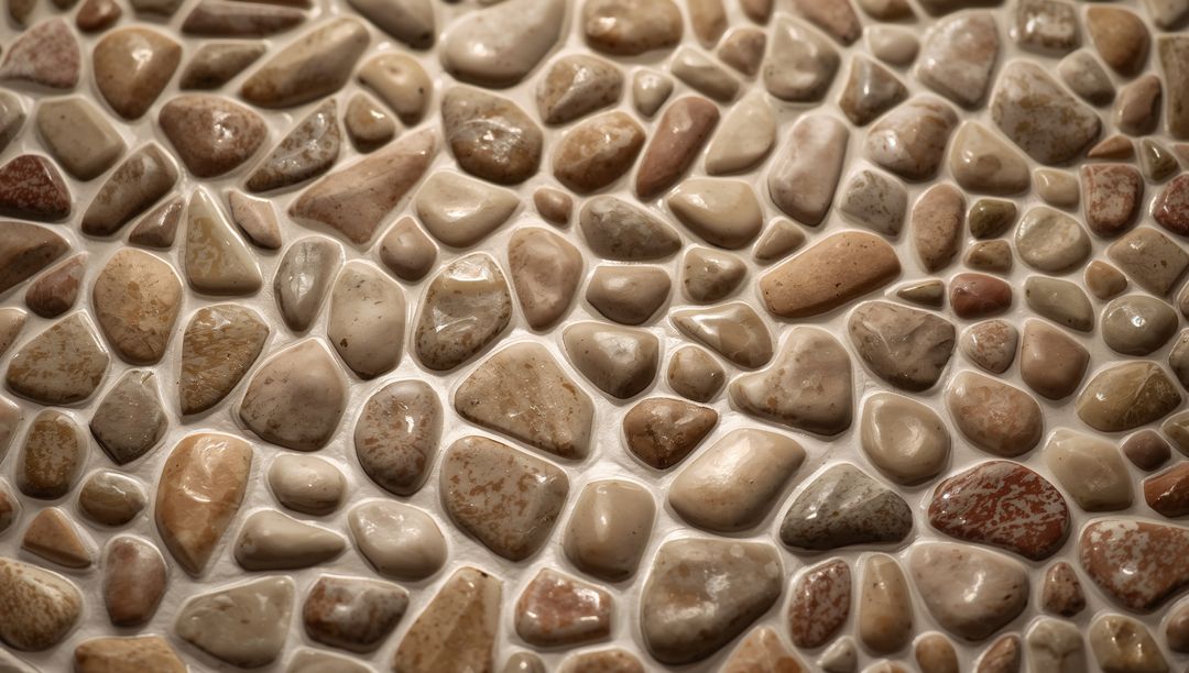 Polished River Pebble Mosaic Shower Floor Featuring Glossy Grout and Clear Resin Finish