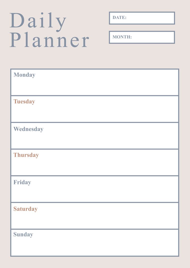 Minimalist Weekly Daily Planner Template With Date and Month - Download Free Stock Templates Pikwizard.com