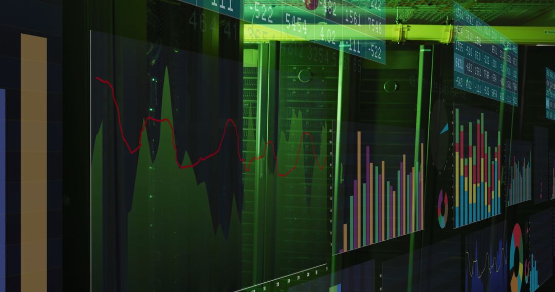 Digital Interface Overlay on Data Screens in Server Room