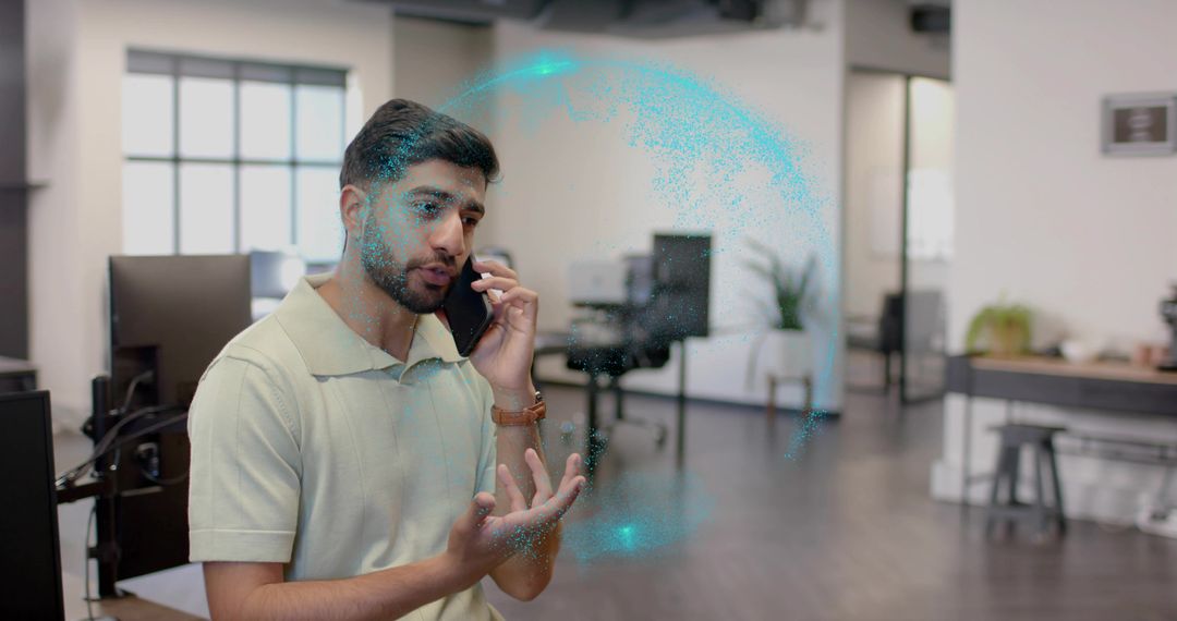 Man Discusses with Smartphone and Hologram Sphere in Office