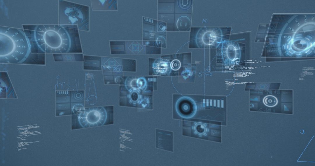 Digital Interface with Floating Data Panels on Blue Background