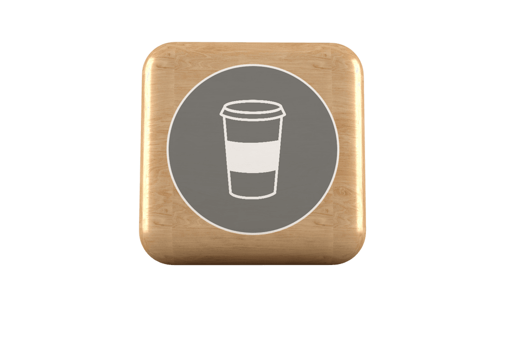 3D Coffee Icon on Wood Cube with Transparent Background