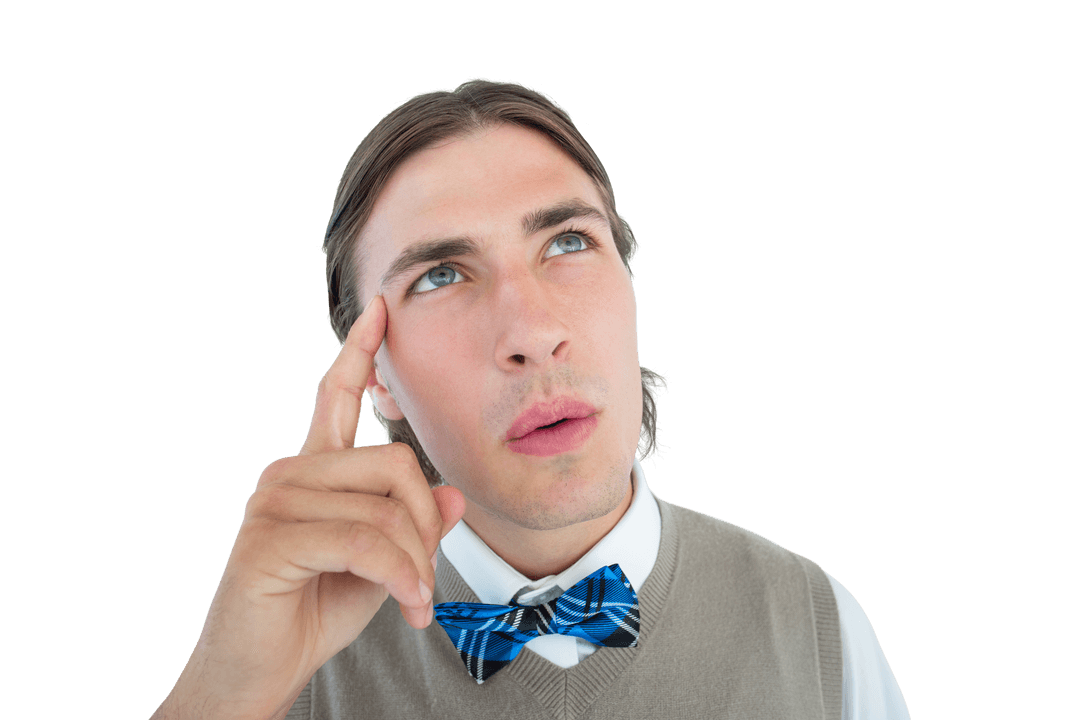Transparent Geeky Hipster Thinking with Finger on Temple