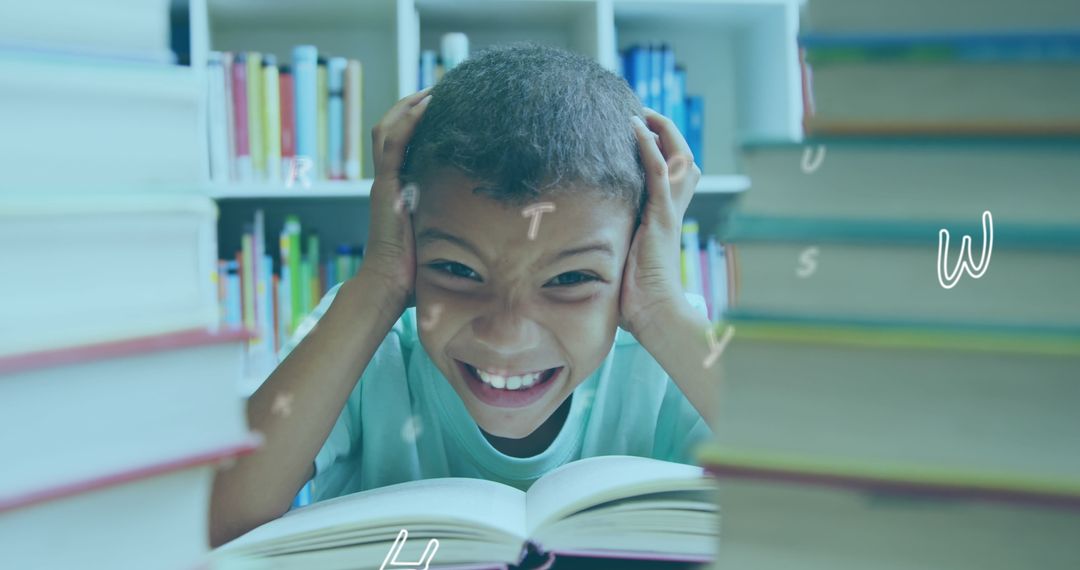 Frustrated Boy Surrounded by Books in Library with Floating Alphabets