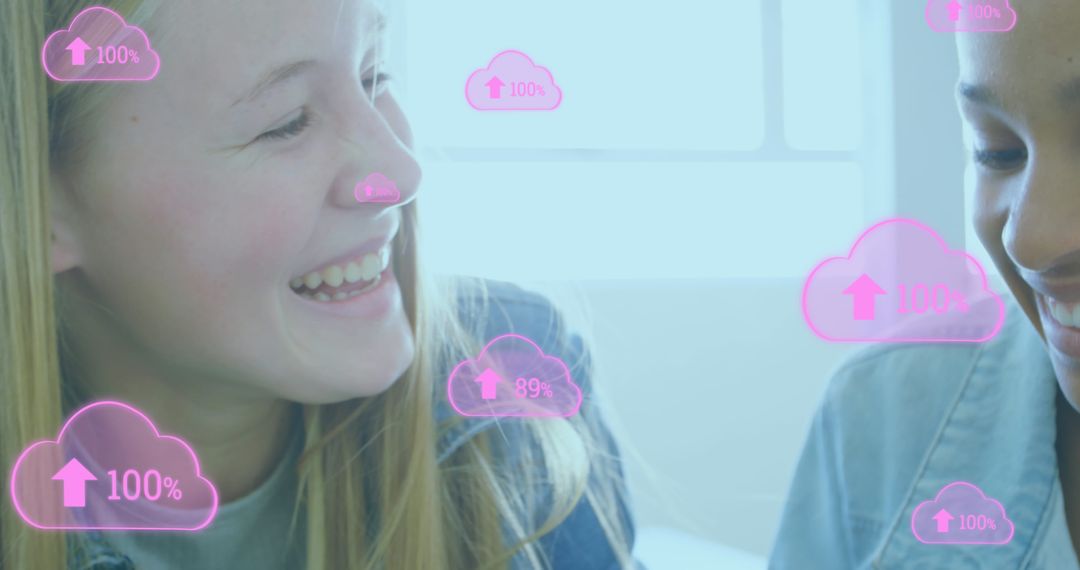 Smiling Female Students Collaborating with Cloud Technology