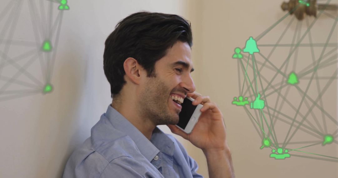 Smiling Man with Digital Global Network Overlay, Using Cell Phone