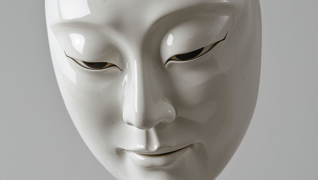 Glossy White Porcelain Mask Closeup Conveying Serene Minimalist Theatrical Expression