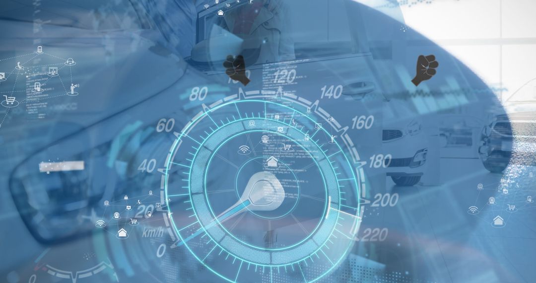 Futuristic Car Technology Interface with Speedometer Overlay