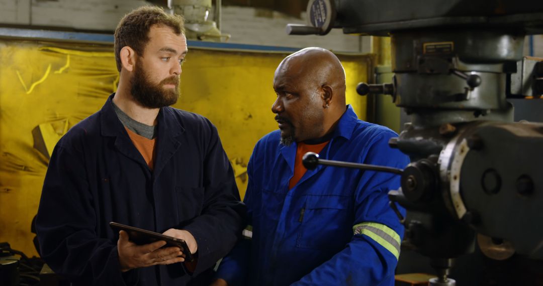 Two Engineers Discussing Project in Industrial Workshop - Free Images, Stock Photos and Pictures on Pikwizard.com