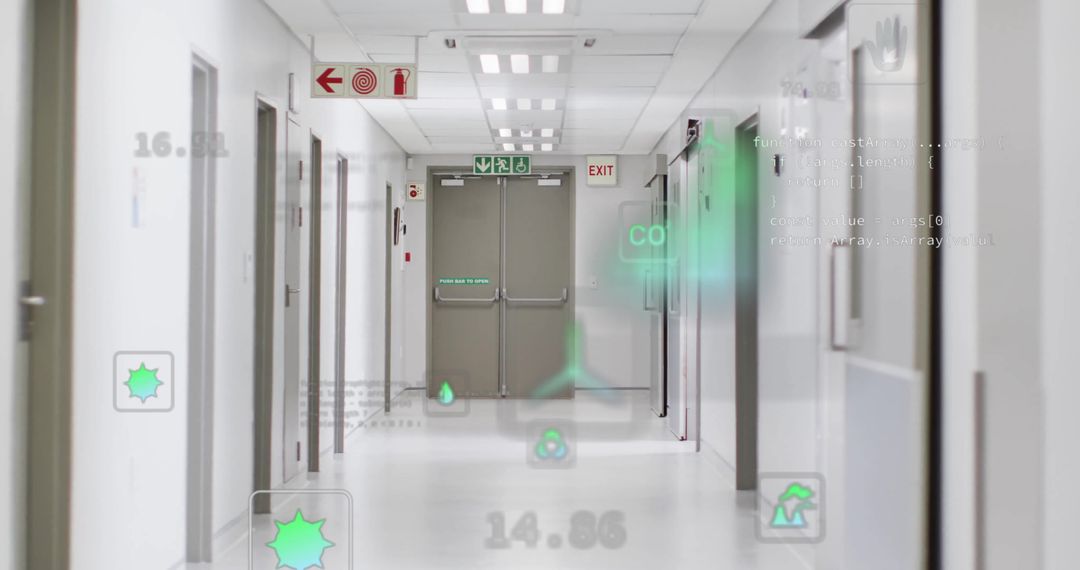 Digital Interface Icons in Modern Building Corridor