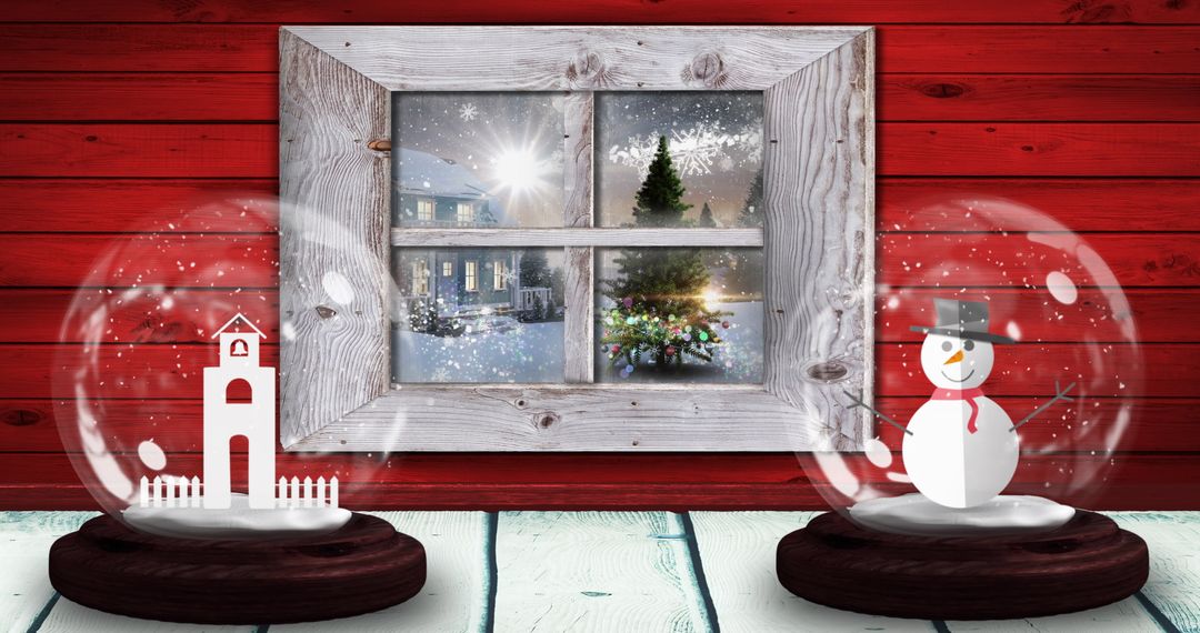 Festive Snow Globes and Winter View Through Window