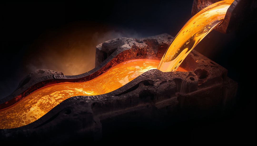 Pouring Molten Metal Stream into Curved Refractory Mold at Foundry, Glowing Casting Flow