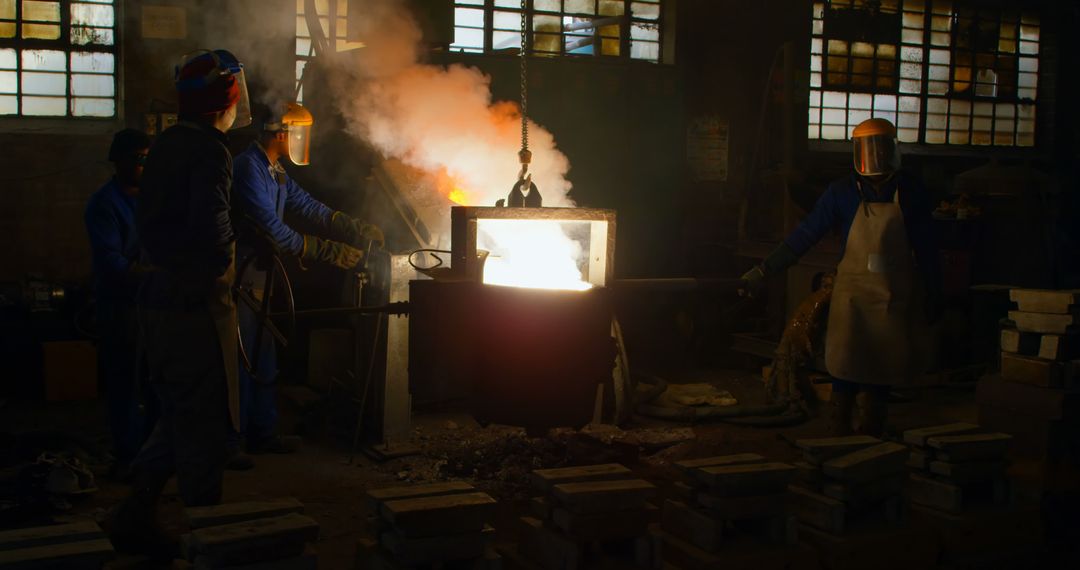 Workers Pouring Molten Metal in Industrial Foundry with Protective Gear - Free Images, Stock Photos and Pictures on Pikwizard.com