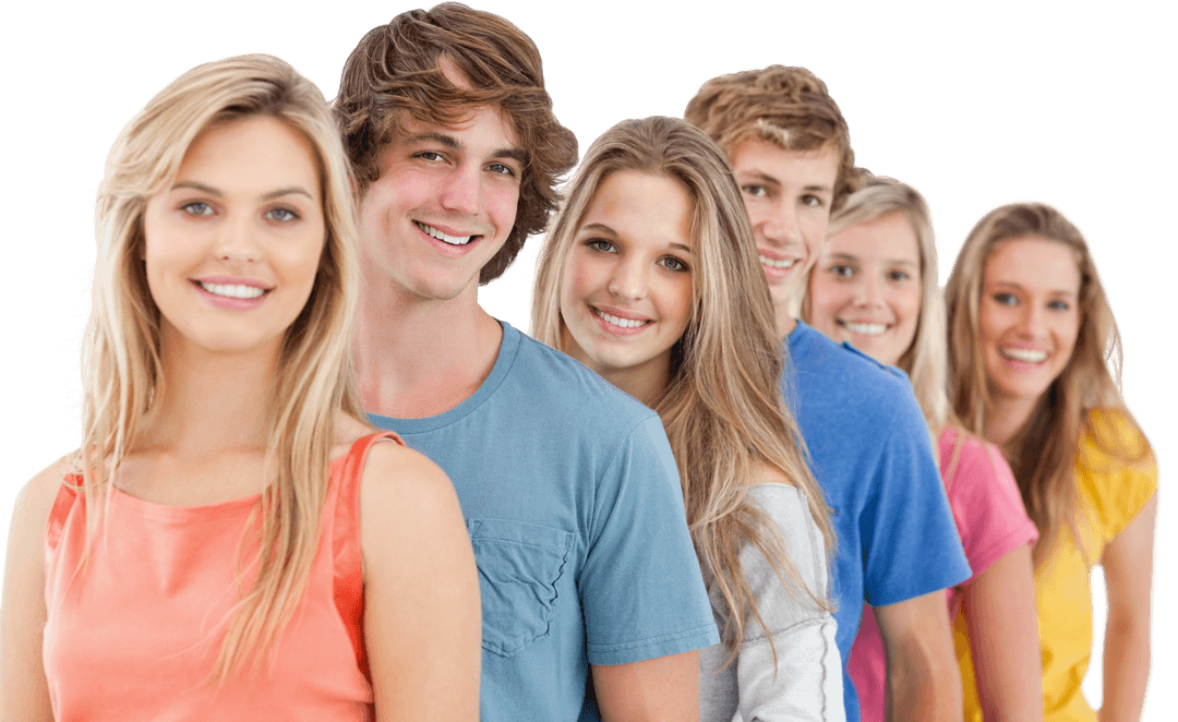Group of Smiling Young Adults in a Transparent Row