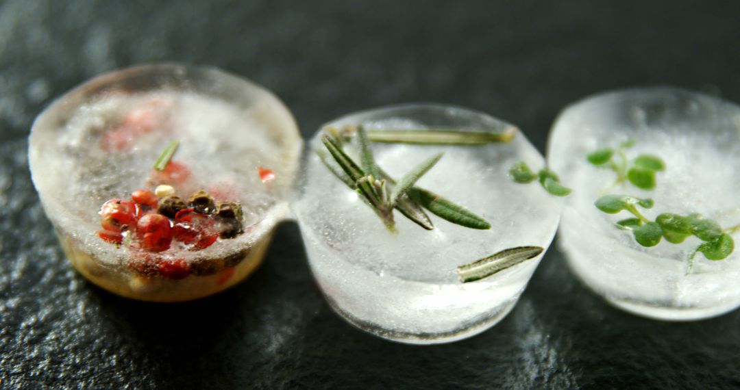 Artistic Herb and Berry Infused Ice on Dark Surface