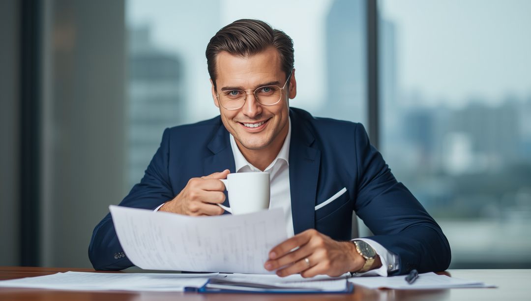 Professional Man Reviewing Documents While Drinking Coffee in Office