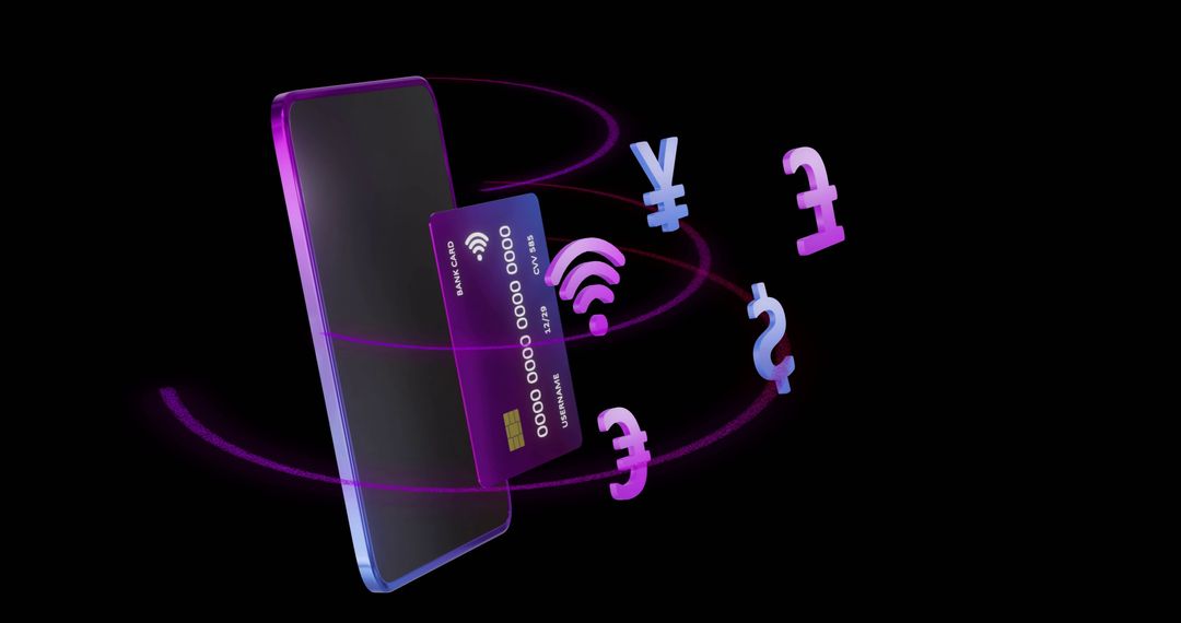 Contactless Payment Smartphone with Floating Currency Symbols