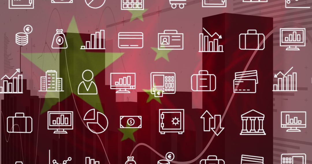 Digital Finance Icons with Chinese Flag and Urban Landscape