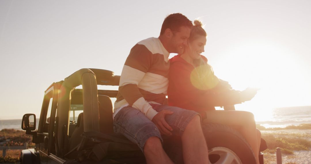 Young Couple Enjoying Sunset Drive in Open-Top Jeep - Free Images, Stock Photos and Pictures on Pikwizard.com