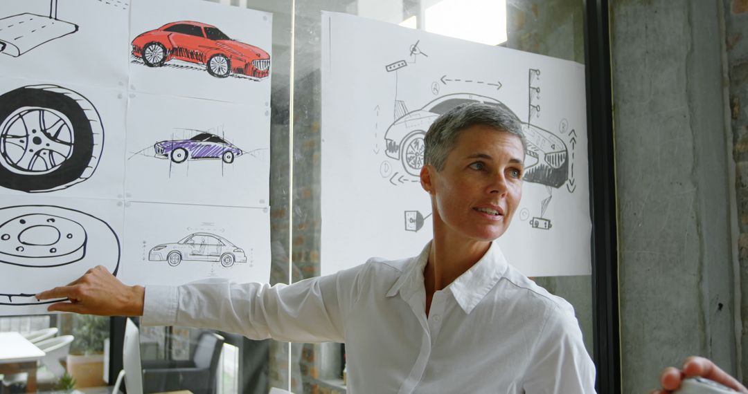 Senior female car designer presenting automotive sketches - Free Images, Stock Photos and Pictures on Pikwizard.com