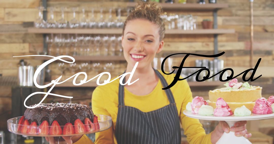 Smiling Baker Presenting Delicious Cakes with Positive Message
