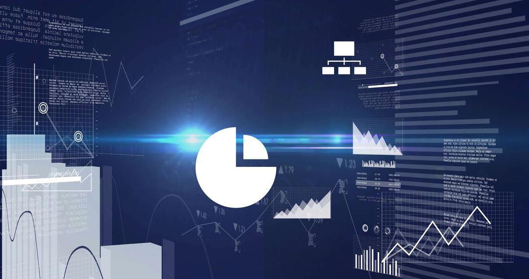 Futuristic Data Visualization Displaying Glowing Pie Chart, Line Graphs, and Analytics Interface