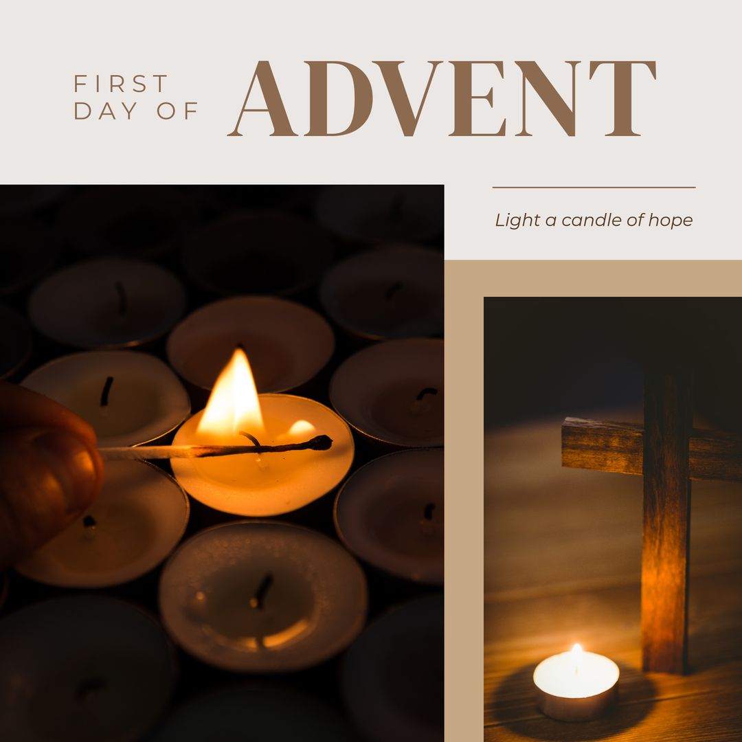 First Day of Advent with Candle Light and Cross Reflection - Download Free Stock Templates Pikwizard.com