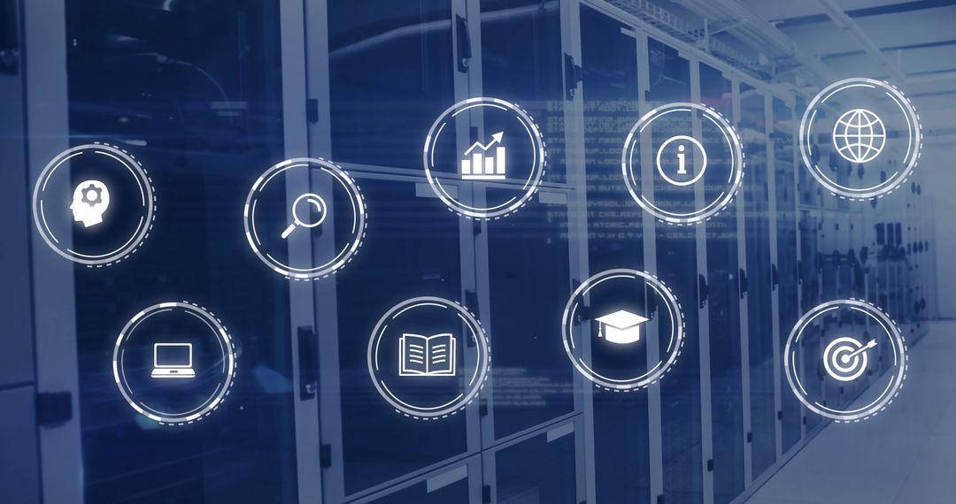 Digital icons overlaid on computer server background