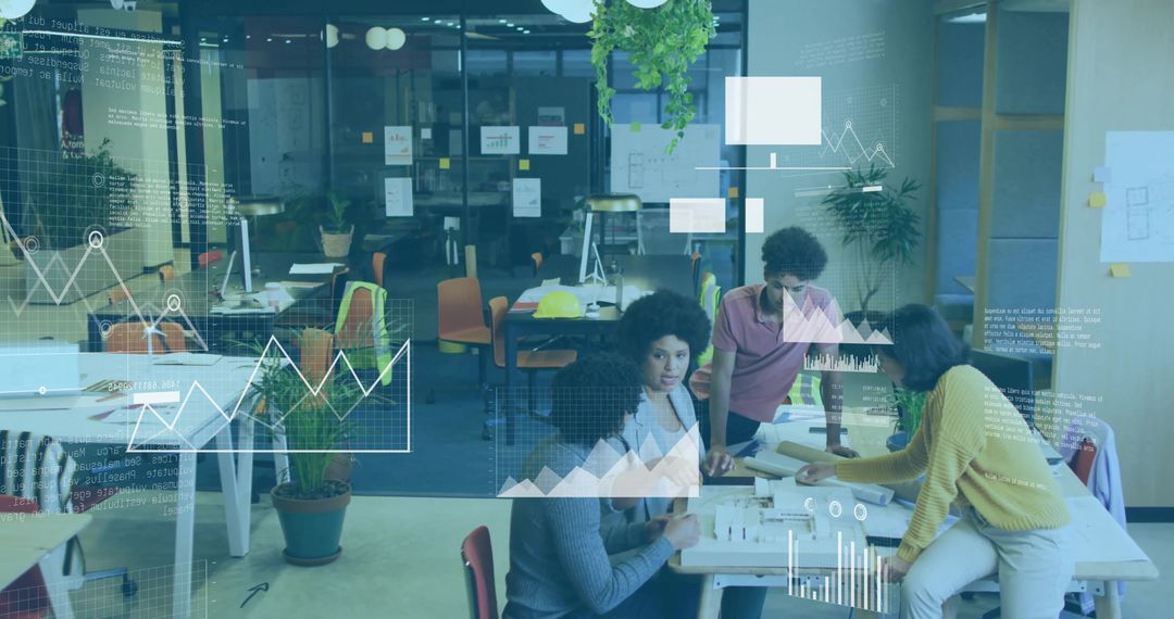 Collaborative Team in Modern Coworking Space with Data Graphics