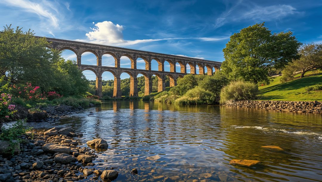 Sunlit two-tier stone viaduct spanning river valley with arched reflections at golden hour