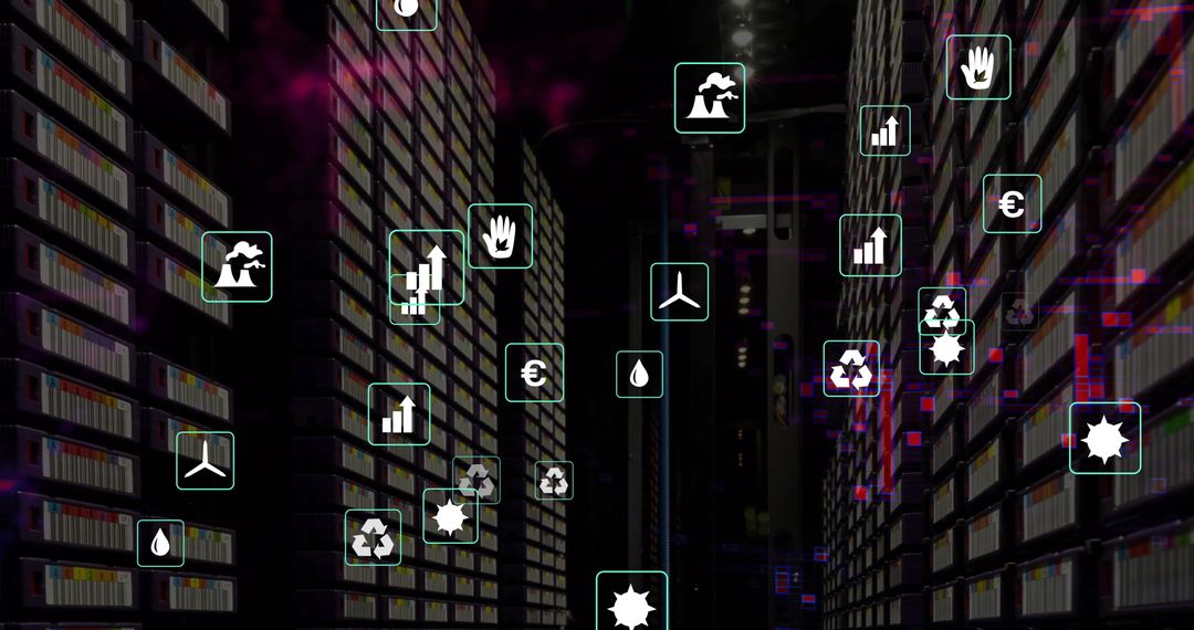 Digital Icons Overlay on Data Center Illustrating Eco-Friendly Initiatives