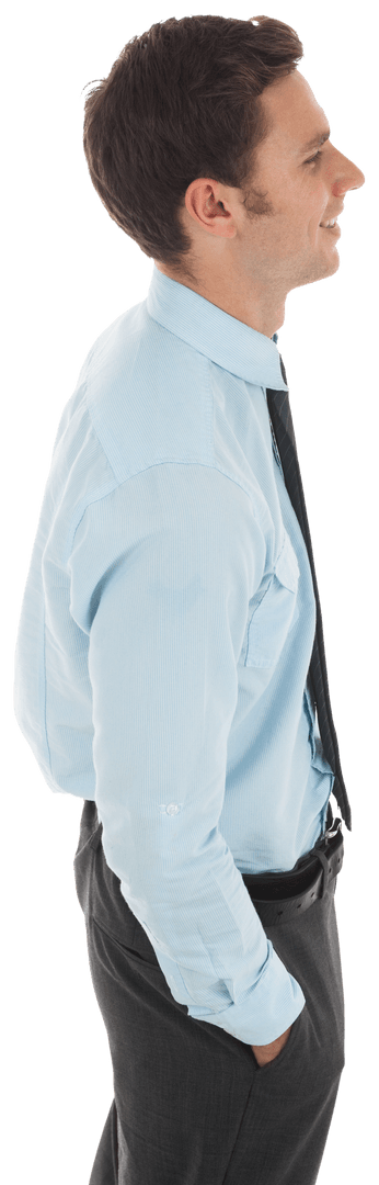 Transparent View of Happy Businessman Standing with Hands in Pocket