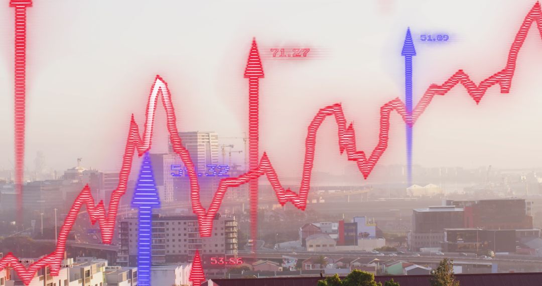 Fluctuating Stock Market Graph Over Cityscape