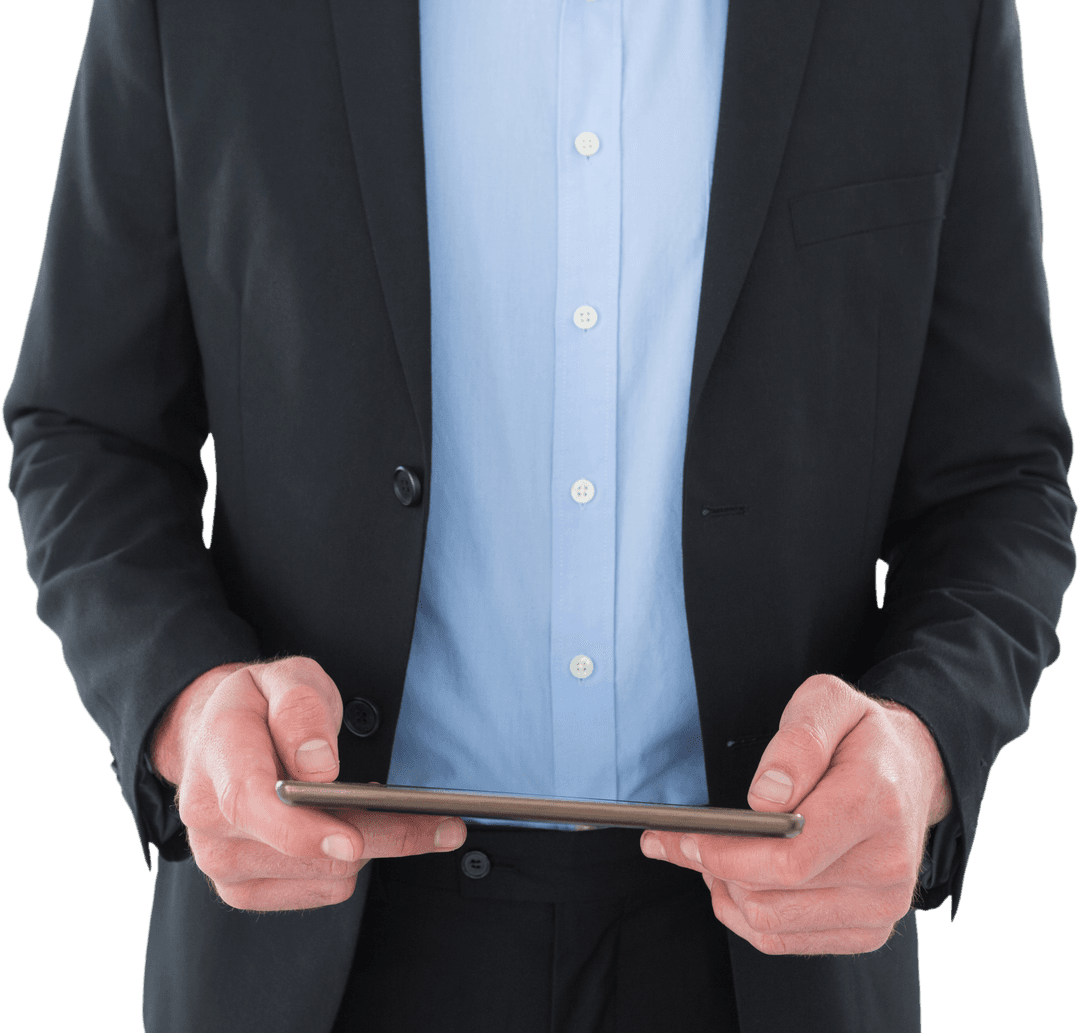 Transparent Businessman in Suit Holding Tablet for Presentation