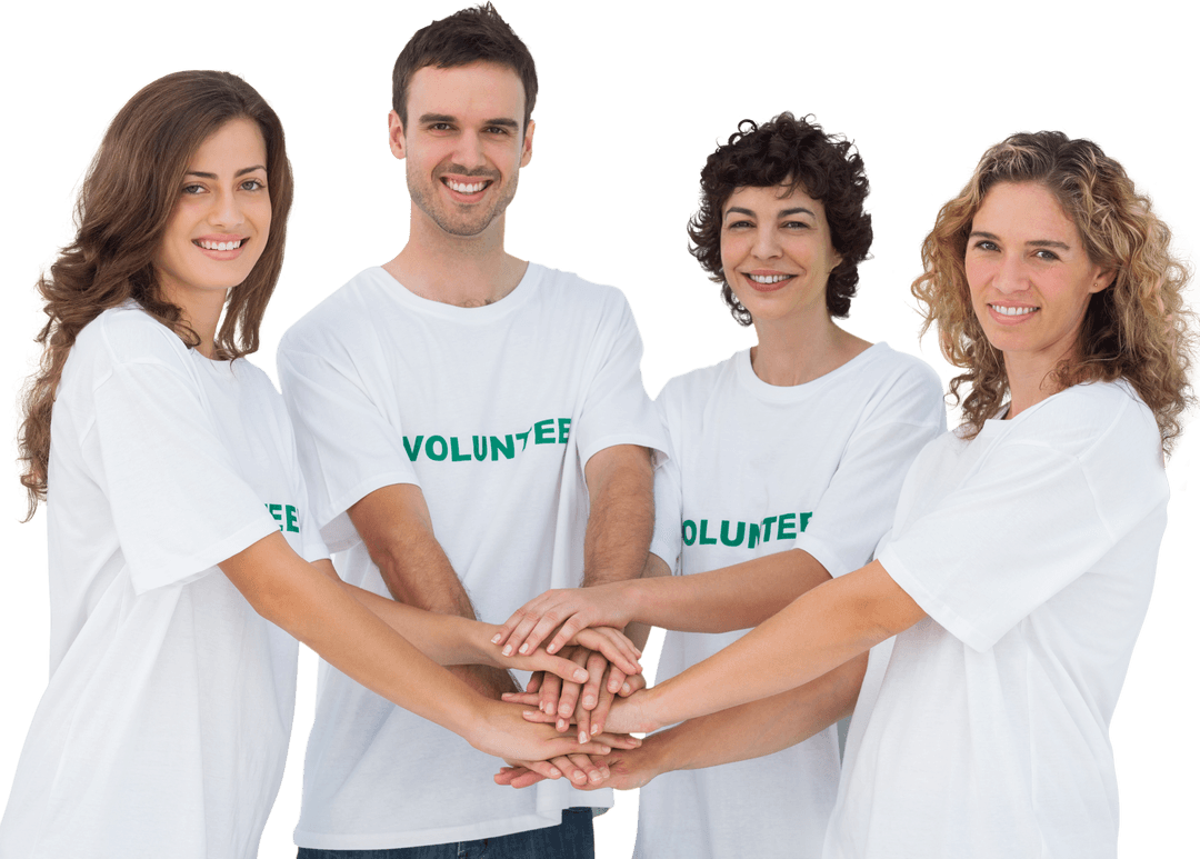 Smiling Volunteers in White Shirts Transparent Background
