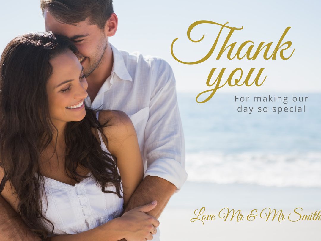 Couple Embracing on Beach for Wedding Thank You Card
