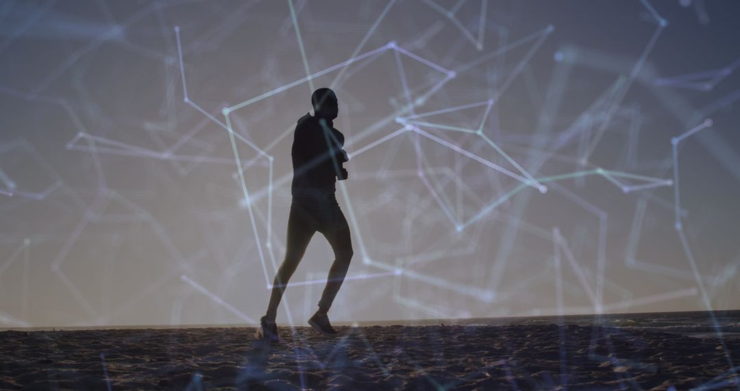 Silhouette Jogging with Digital Network Overlay at Dawn