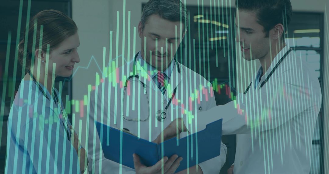 Doctors Analyzing Data with Overlay of Financial Chart