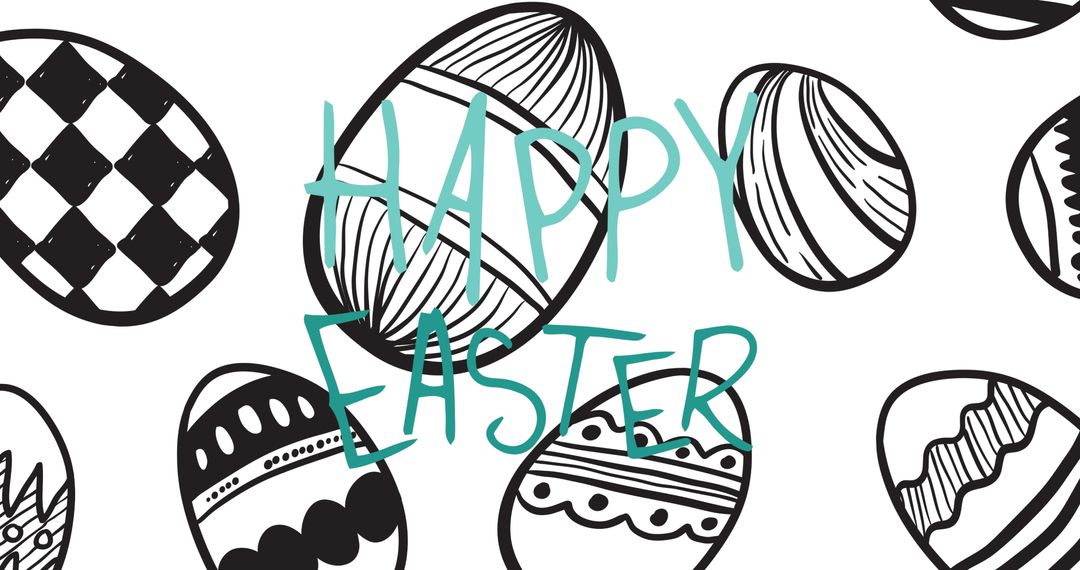 Happy Easter Text with Black and White Patterned Eggs