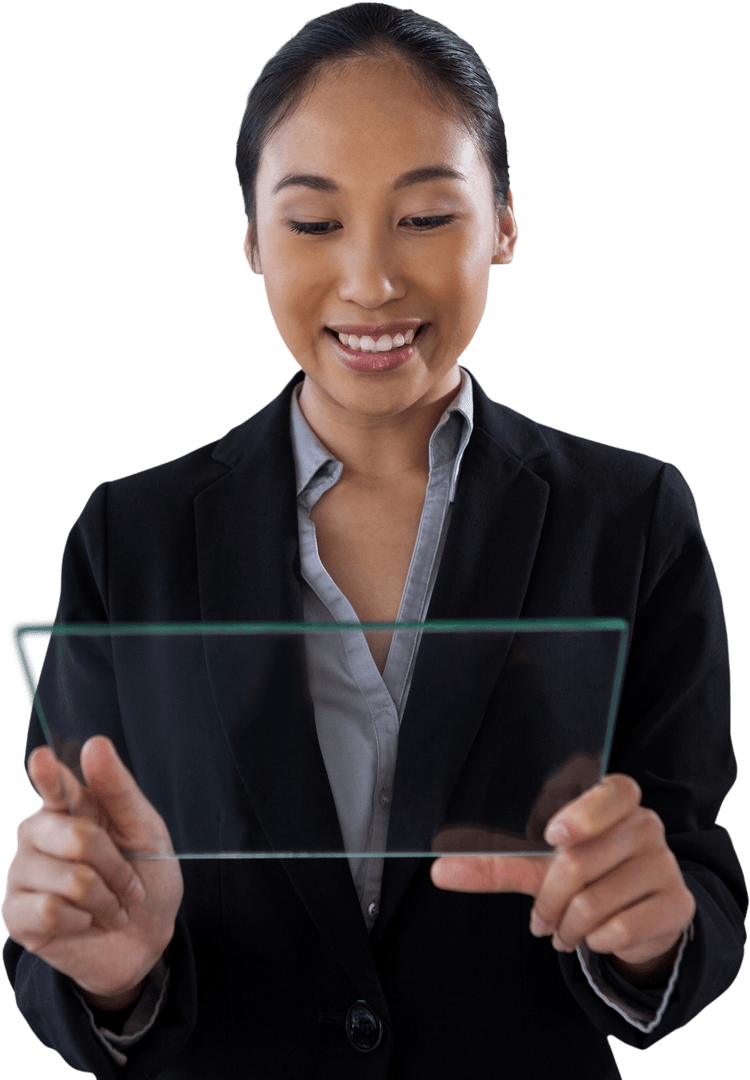 Young Businesswoman Holding Transparent Tablet Interface
