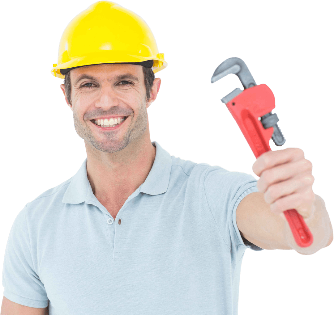 Cheerful Handyman Showing Red Monkey Wrench on Transparent Background