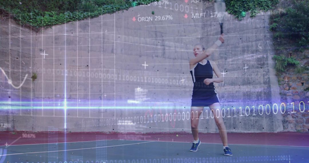 Tennis Player with Data Overlay in Action on Court