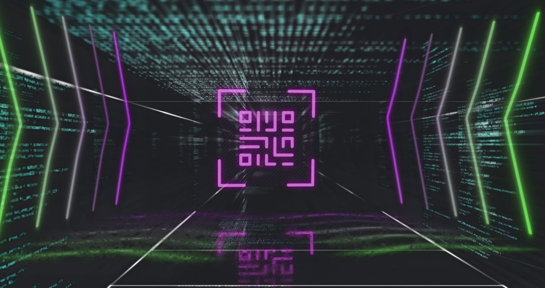 Glowing QR Code with Futuristic Neon Elements on Dark Background