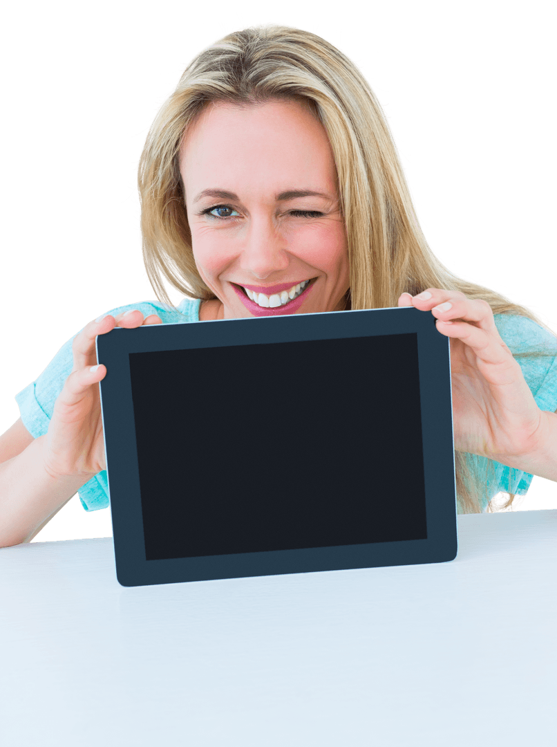 Happy Woman Winking with Modern Tablet on Transparent Background