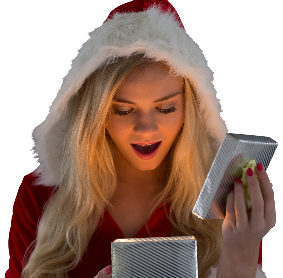 Woman Opening Christmas Present with Excitement on Transparent Background - Download Free Stock Images Pikwizard.com